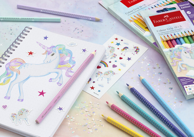 Faber Castell FC-201542 Colour Grip Kleurpotloden 10 Stuks + 3 Sparkle Pastel Kleurpotloden en Unicorn Stickers